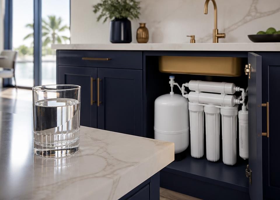 Sleek reverse osmosis drinking water system with a glass of fresh water