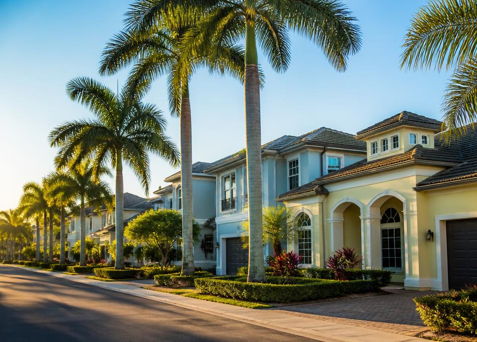 Sunny South Florida residential neighborhood with palm trees