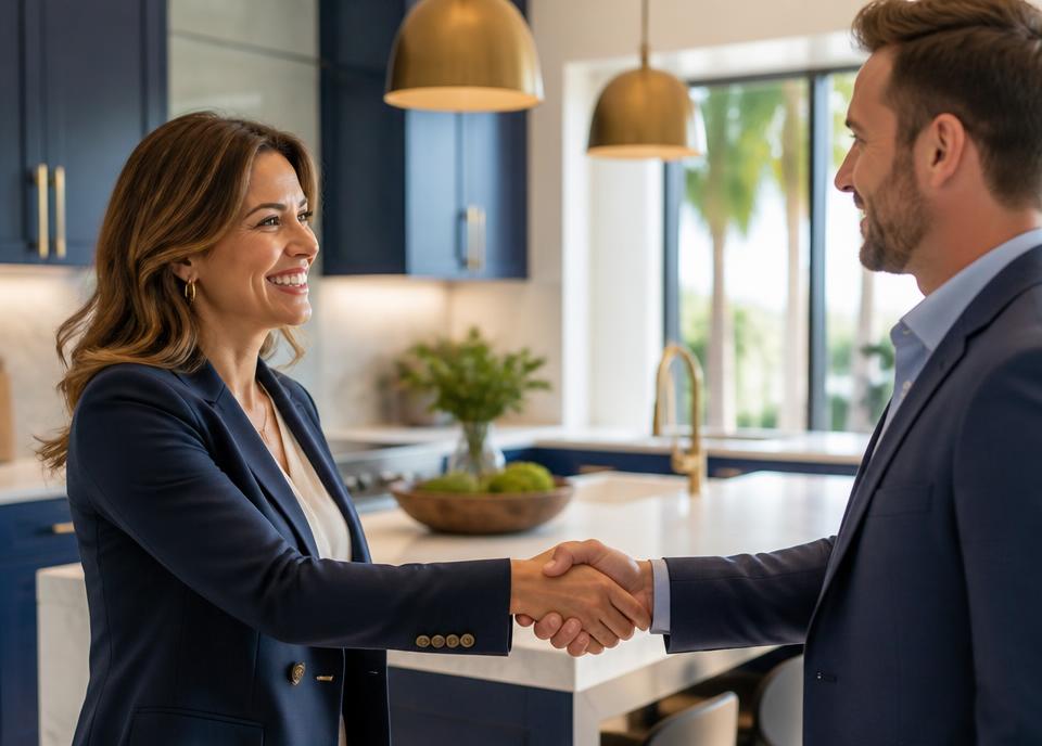 Two professionals shaking hands in a bright South Florida home kitchen